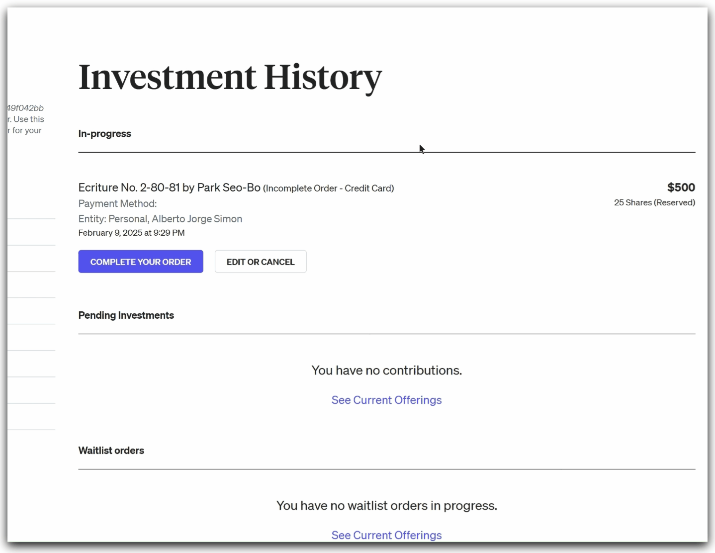 Change payment method via investment history